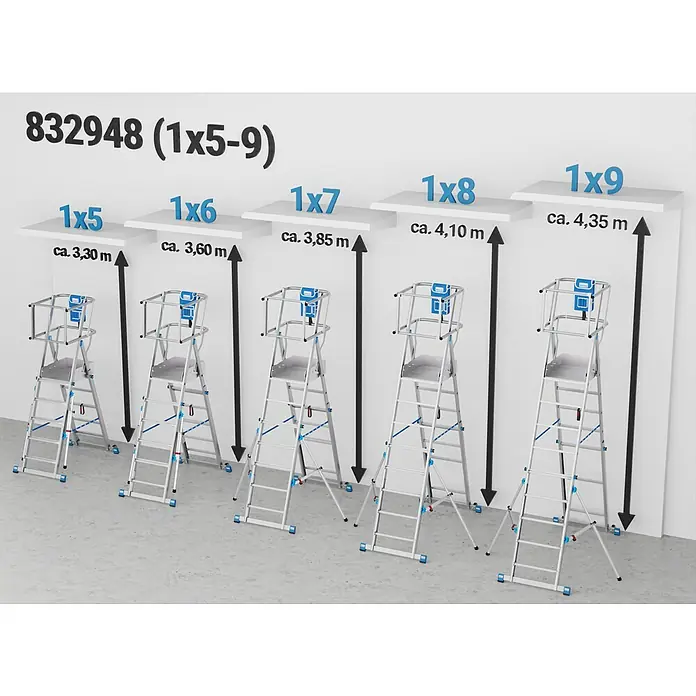 Krause Sprossen-Gelenk-Teleskopleiter Skymatic 5-9 Sprossen - Arbeitshöhe: 4,35 m, Anzahl Tritte: 9 Stk., Aluminium - Eine Abbildung von fahrbaren Gerüsten in verschiedenen Höhen, gekennzeichnet von 1x5 bis 1x9, mit den jeweiligen Arbeitshöhen.