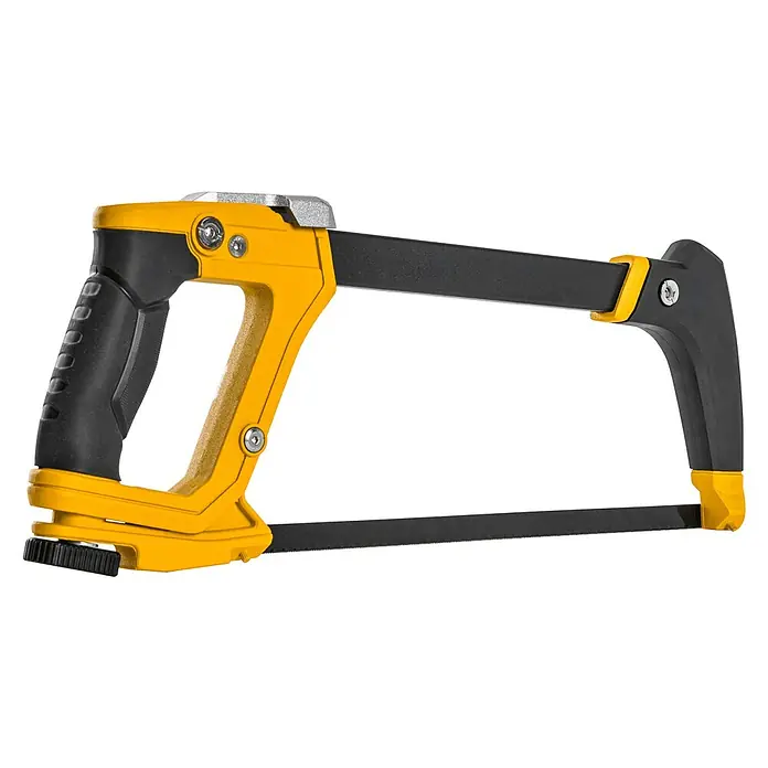Vito Sierra de arco VIS3E1 - Largo: 300 mm, Acero HSS Bimetal/Caucho - Primer plano de una sierra para metales con mango amarillo y marco negro. La herramienta está diseñada para cortes precisos y es cómoda de agarrar.