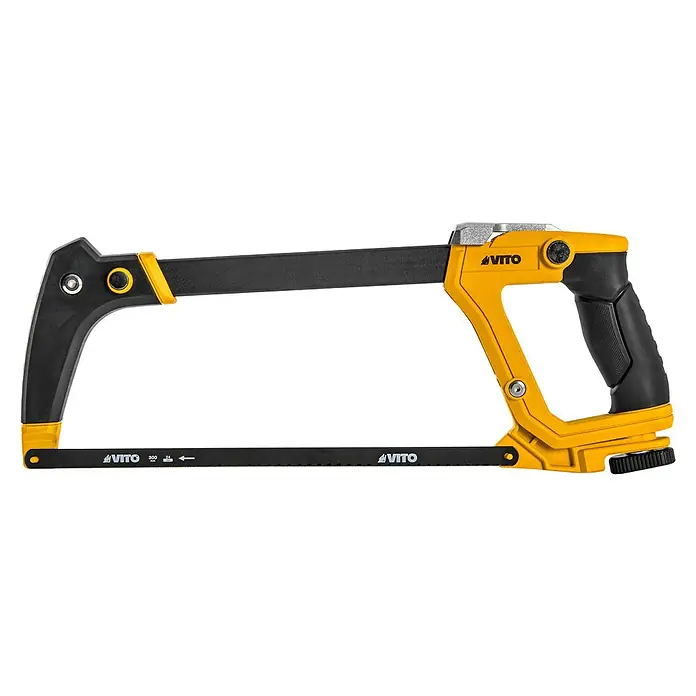 Vito Sierra de arco VIS3E1 - Largo: 300 mm, Acero HSS Bimetal/Caucho - Imagen de una sierra para metales Vito con marco amarillo y mango negro, diseñada para cortes precisos en metal y otros materiales.