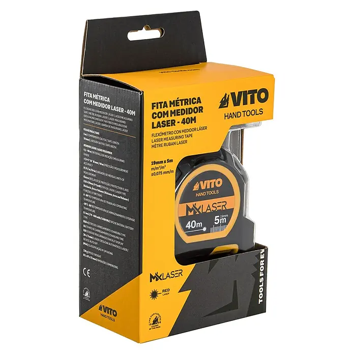 Vito Cinta métrica extensible VIFMML40 - Largo: 5 m - Imagen de un nivel láser en su embalaje. Es Vito Hand Tools, MX Láser, 40m, muy útil para trabajos de construcción.