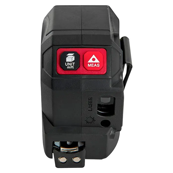Vito Cinta métrica extensible VIFMML40 - Largo: 5 m - Primer plano de un medidor láser de distancia negro con botones rojos para unidad y medición.