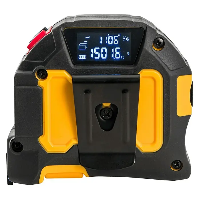 Vito Cinta métrica extensible VIFMML40 - Largo: 5 m - Primer plano de un medidor de distancia digital con detalles amarillos, que muestra precisión y tecnología de herramientas.