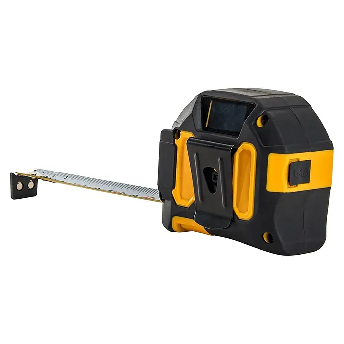 Vito Cinta métrica extensible VIFMML40 - Largo: 5 m - Primer plano de un metro digital negro y amarillo con cinta extensible.