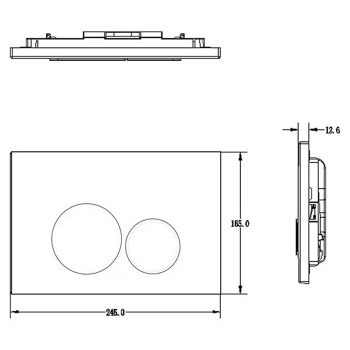 Betätigungsplatte Mocha Typ 1 - Weiß, 2-Mengen-Spülung - Abbildung einer Betätigungsplatte mit zwei Tasten und den Maßen 245 x 165 x 12,6 mm für die Toilettenspülung.
