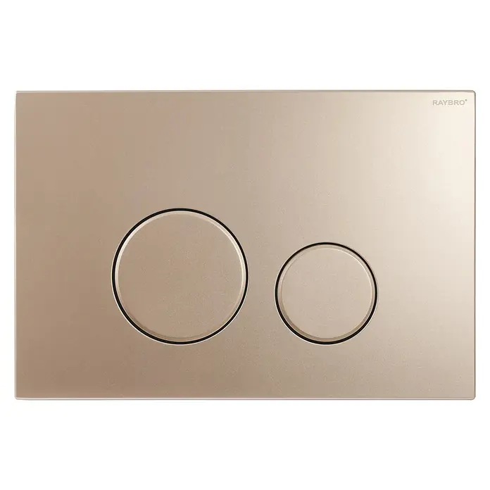 Betätigungsplatte Mocha Typ 1 - Bronze Gold, 2-Mengen-Spülung - Nahaufnahme einer RAYBRO-Betätigungsplatte mit zwei runden Tasten für eine moderne Toilette.
