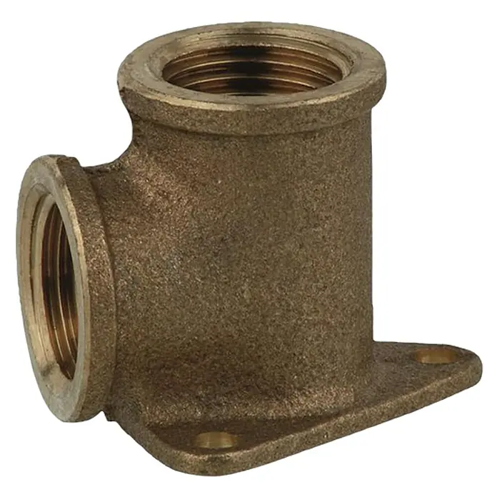 Kirchhoff Schraub-Wandwinkel - Innengewinde: ½″, Rotguss, 90 ° - Abgebildeter Messing-Flanschbogen mit Innengewinde und Befestigungslöchern zur sicheren Installation.