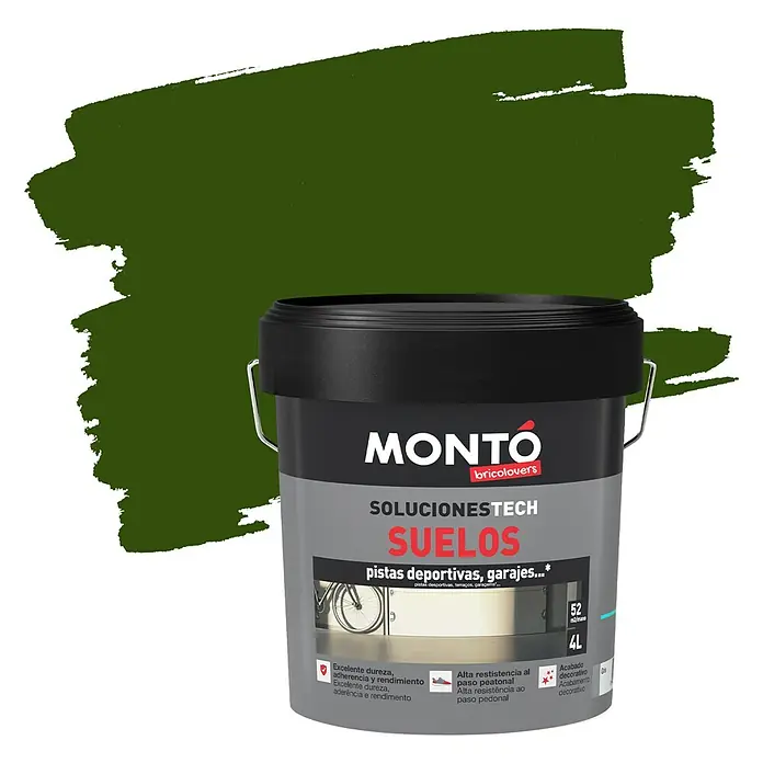 Montó Pintura para suelos Expresa - Verde, 4 l, Mate sedoso - Un cubo de pintura para suelos Montó SolucionesTech, apta para pistas deportivas y garajes, con excelente dureza y un acabado decorativo.