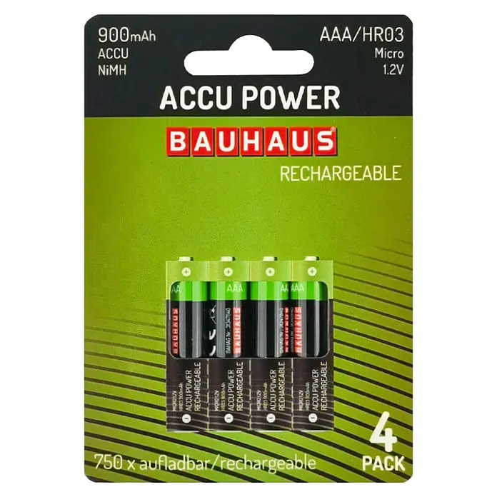 BAUHAUS Akku-Batterien HR03 - Micro AAA, 900 mAh, 4 Stk. - Verpackung mit vier wiederaufladbaren AAA-Batterien (900mAh) der Marke Bauhaus, ideal für den täglichen Gebrauch.