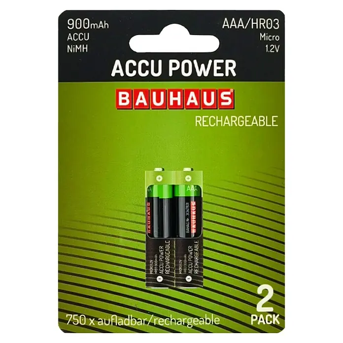 BAUHAUS Akku-Batterien HR03 - Micro AAA, 900 mAh, 2 Stk. - Bild einer 2er-Packung AAA/HR03 Akku Power Batterien von Bauhaus, 900mAh, NiMH, wiederaufladbar, Micro 1.2V, ideal für diverse Geräte.