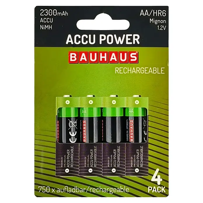 BAUHAUS Akku-Batterien HR6 - Mignon AA, 2.300 mAh, 4 Stk. - Packung mit vier AA-Akkus von Bauhaus mit 2300mAh Kapazität, ideal für Geräte mit hohem Stromverbrauch.