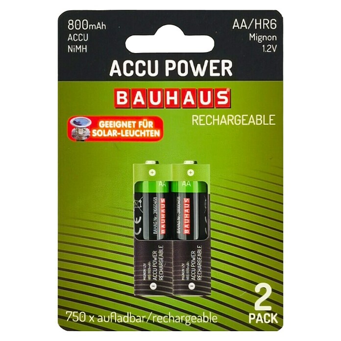 BAUHAUS Pilas recargables AA HR6 Solar (Mignon AA, 800 Ah, 2 ud.) | BAUHAUS