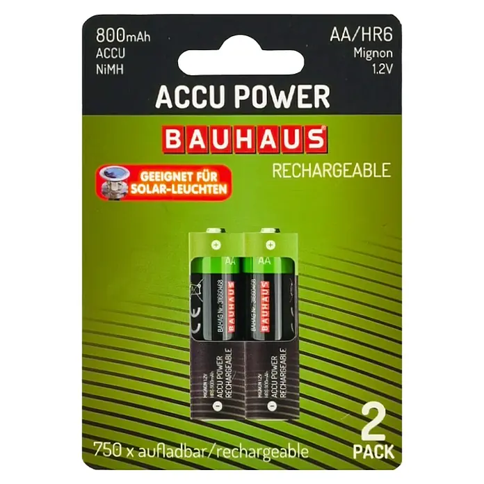 BAUHAUS Akku-Batterien HR03 Solar - Mignon AA, 800 Ah, 2 Stk. - Bild einer Packung Accu Power Bauhaus AA/HR6 Mignon 1.2V Akkus, 800mAh NiMH, wiederaufladbar, 2 Stück.