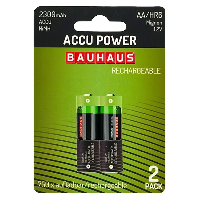 BAUHAUS Akku-Batterien HR6 - Mignon AA, 2.300 mAh, 2 Stk. - Das Bild zeigt eine Packung Bauhaus Accu Power AA/HR6 Mignon-Akkus mit 2300mAh Kapazität, ideal für den wiederholten Gebrauch.