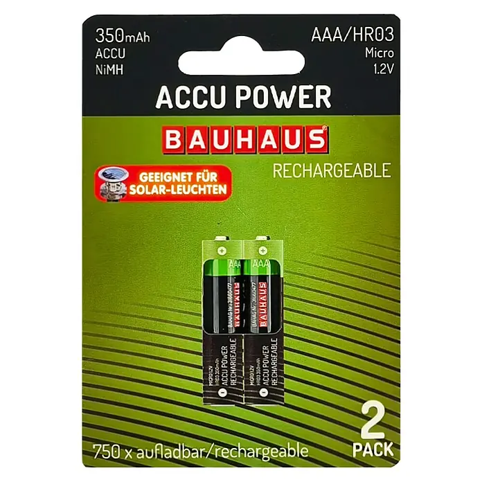 BAUHAUS Akku-Batterien HR03 Solar - Micro AAA, 350 mAh, 2 Stk. - Packung mit 2 AAA/HR03 Akku Power-Akkus von Bauhaus, 350mAh, geeignet für Solarleuchten und bis zu 750x aufladbar.