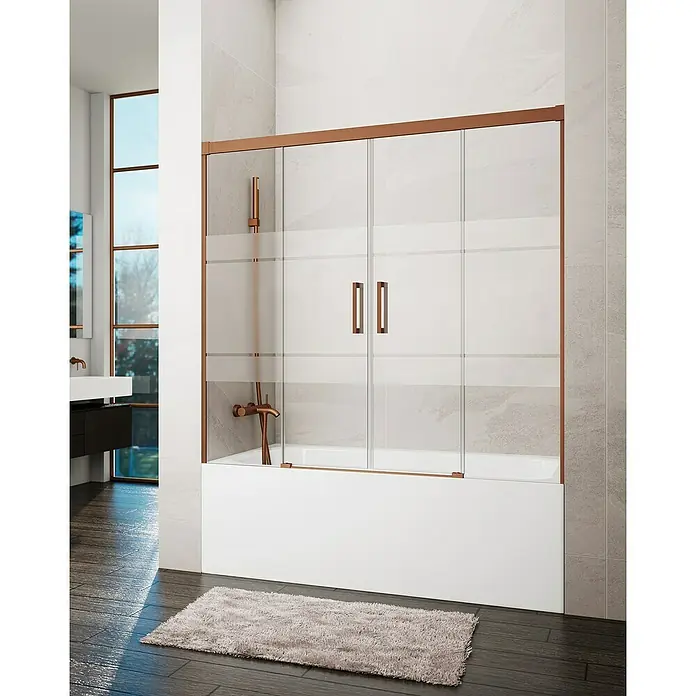 GME Mampara para bañera Basic Spazio - An x Al: 180 x 150 cm, Vidrio serigrafiado, Cobre - Elegante mampara de bañera con marco de bronce. La mampara de ducha de vidrio transparente con asas ofrece protección contra salpicaduras.