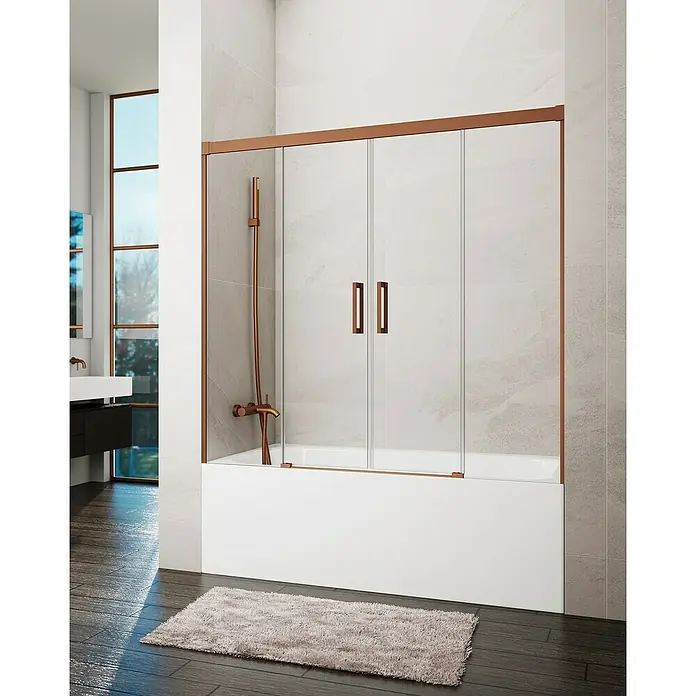 GME Mampara para bañera Basic Spazio - An x Al: 160 x 150 cm, Vidrio transparente, Cobre - Elegante bañera con mampara de vidrio con marco de bronce, que añade un toque de lujo moderno a cualquier baño.
