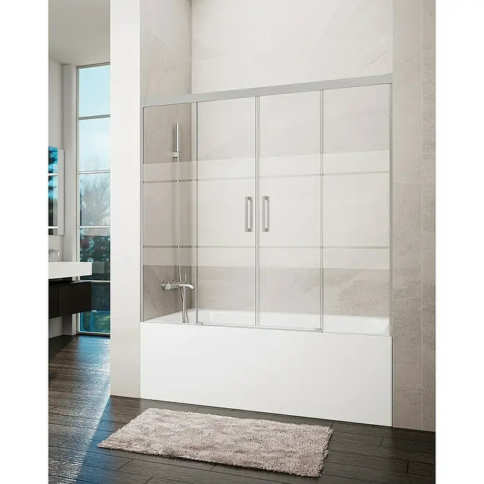 GME Mampara para bañera Basic Spazio - An x Al: 170 x 150 cm, Vidrio serigrafiado, Níquel - Mampara de ducha corredera de vidrio sobre una bañera en un baño moderno.