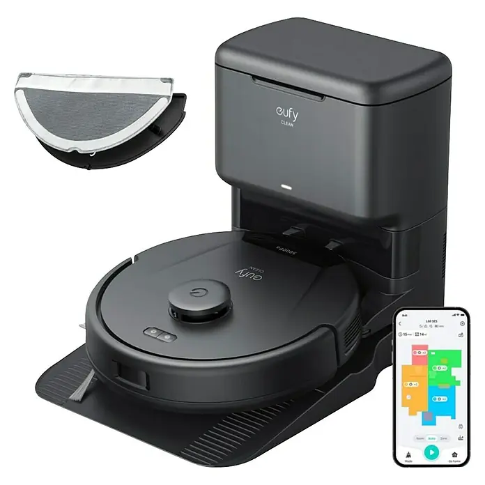 Eufy Saugwischroboter L60 Hybrid SES - Saugkraft: 5.000 Pa, Akkulaufzeit: 120 min, Fassungsvermögen Roboter: 260 ml - Abgebildet ist ein Eufy Saugroboter mit Absaugstation und App-Steuerung, der eine effiziente und bequeme Reinigung ermöglicht.