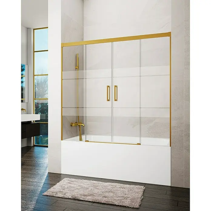 GME Mampara para bañera Basic Spazio - An x Al: 160 x 150 cm, Vidrio serigrafiado, Oro - Elegante bañera con accesorio de ducha dorado. Los detalles dorados añaden un toque lujoso al baño.