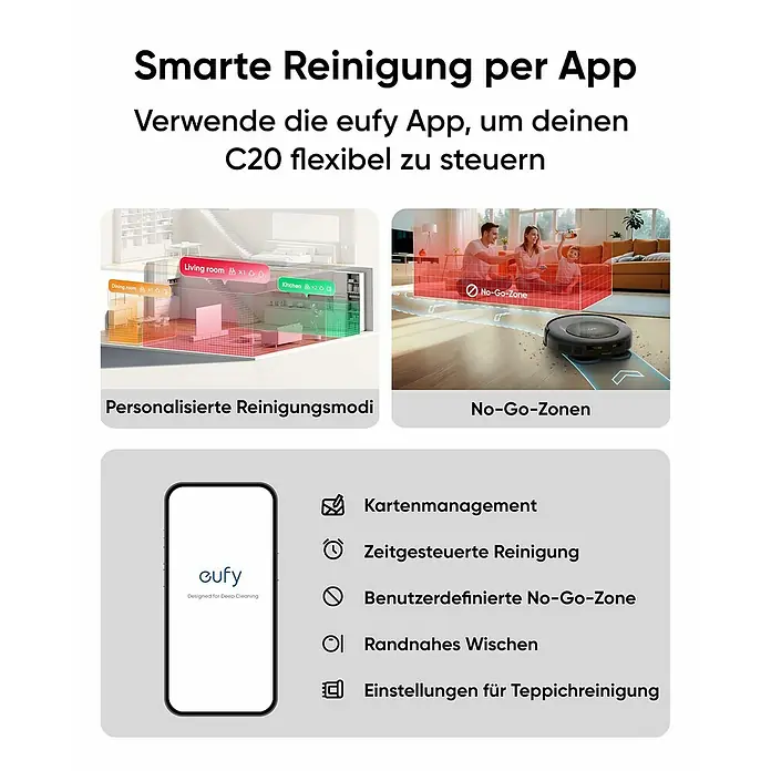 Eufy Saugwischroboter Omni C20 - Saugkraft: 7.000 Pa, Akkulaufzeit: 160 min - Intelligente Reinigung mit der App: Steuern Sie den Eufy C20 flexibel und personalisieren Sie Reinigungsmodi mit No-Go-Zonen und Kartenmanagement.