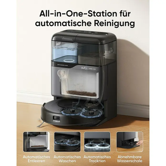 Eufy Saugwischroboter Omni C20 - Saugkraft: 7.000 Pa, Akkulaufzeit: 160 min - Intelligente Reinigungsstation mit automatischer Entleerung, Waschen, Trocknen und abnehmbarer Wasserschale für den eufy Omni C20 Saugroboter.