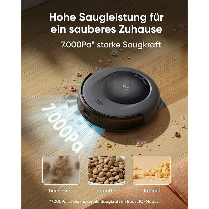 Eufy Saugwischroboter Omni C20 - Saugkraft: 7.000 Pa, Akkulaufzeit: 160 min - Bild eines Eufy-Saugroboters, der Tierhaare, Tierfutter und Krümel aufsaugt, mit dem Hinweis auf seine hohe Saugleistung von 7.000Pa.