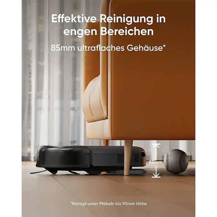 Eufy Saugwischroboter Omni C20 - Saugkraft: 7.000 Pa, Akkulaufzeit: 160 min - Der Staubsaugerroboter reinigt effektiv unter Möbeln. Er ist 85 mm flach und erreicht schwer zugängliche Stellen.