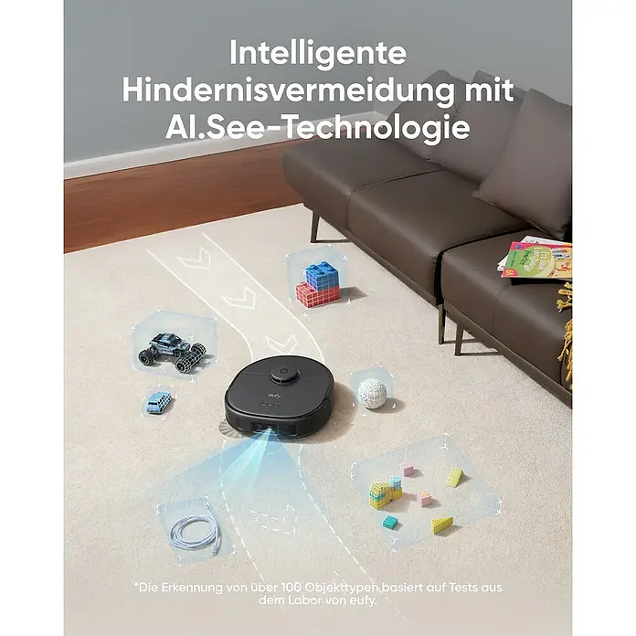 Eufy Saugwischroboter X10 Pro Omni - Saugkraft: 8.000 Pa, Akkulaufzeit: 180 min, Fassungsvermögen Roboter: 410 ml - Intelligente Hindernisvermeidung mit dem Eufy Saugroboter dank Al.See-Technologie, der Hindernisse umfährt.
