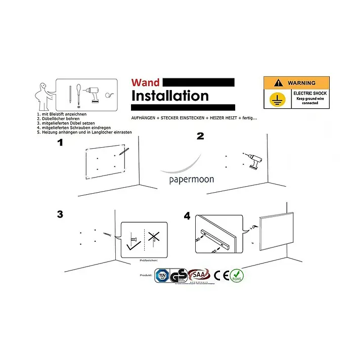 Papermoon Infrarot-Glasbildheizkörper Bamboo - 600 x 1.200 mm, 750 W - Wandmontageanleitung für ein Produkt mit Warnhinweisen und Prüfzeichen, die elektrische Sicherheit und korrekte Erdung betonen.