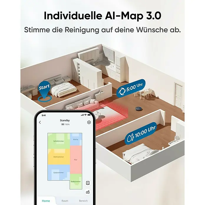 Eufy Saugwischroboter X10 Pro Omni - Saugkraft: 8.000 Pa, Akkulaufzeit: 180 min, Fassungsvermögen Roboter: 410 ml - Das Bild zeigt eine AI-Map 3.0, die die Reinigung an Ihre Bedürfnisse anpasst, dargestellt auf einem Smartphone und im Raum.