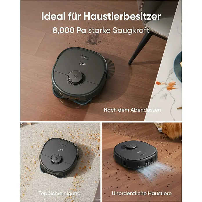 Eufy Saugwischroboter X10 Pro Omni - Saugkraft: 8.000 Pa, Akkulaufzeit: 180 min, Fassungsvermögen Roboter: 410 ml - Reinigungsroboter Eufy, ideal für Tierbesitzer, mit starker Saugkraft für verschiedene Oberflächen, wie Teppiche und Hartböden.