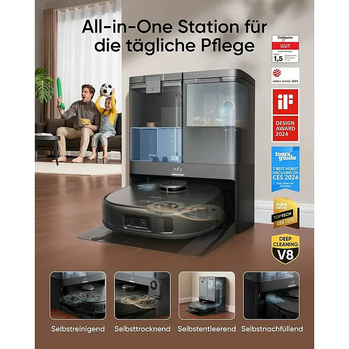 Eufy Saugwischroboter X10 Pro Omni - Saugkraft: 8.000 Pa, Akkulaufzeit: 180 min, Fassungsvermögen Roboter: 410 ml - All-in-One Reinigungsstation für den Eufy Saugroboter: Selbstreinigend, -trocknend, -entleerend und -nachfüllend.