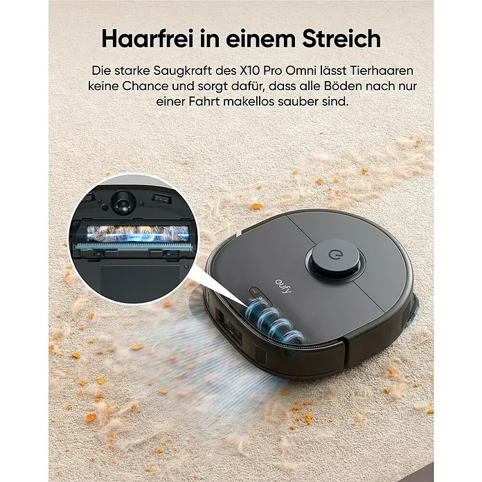 Eufy Saugwischroboter X10 Pro Omni - Saugkraft: 8.000 Pa, Akkulaufzeit: 180 min, Fassungsvermögen Roboter: 410 ml - Der Eufy X10 Pro Omni Saugroboter entfernt Tierhaare mühelos und sorgt für makellose Sauberkeit auf allen Böden.