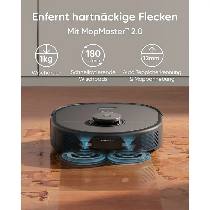 Eufy Saugwischroboter X10 Pro Omni - Saugkraft: 8.000 Pa, Akkulaufzeit: 180 min, Fassungsvermögen Roboter: 410 ml - Der Eufy MopMaster 2.0 entfernt hartnäckige Flecken mit rotierenden Wischpads und automatischer Teppicherkennung für eine effiziente Reinigung.