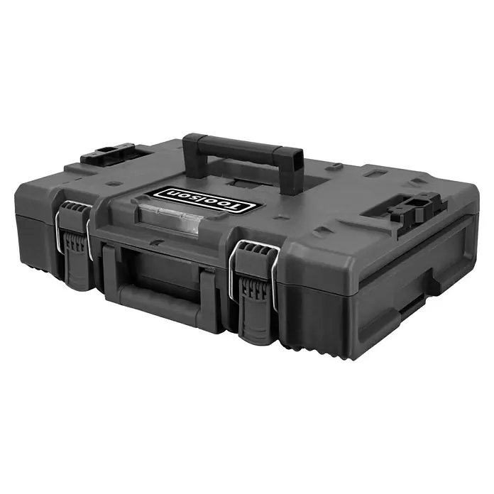 Toolson PRO Amoladora angular de batería AGBX - 2 baterías, 4 Ah, Diámetro disco: 115 mm - Primer plano de una caja de herramientas Toolson negra con asa y cierres metálicos sobre un fondo oscuro.