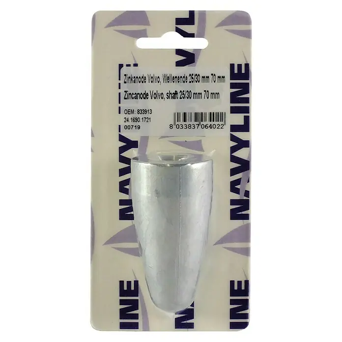 Wellenanode - Zink, Ø x L: 25 x 70 mm, Salzwasser, Passend für: Volvo Penta Festpropeller - Bild einer Zinkanode Volvo, Wellenende 25/30 mm 70 mm, auf einer Verpackung mit nautischem Design.