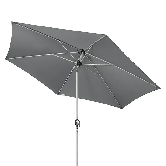 Doppler Active Marktschirm rund Auto Tilt - Anthrazit, Durchmesser Bespannung: 320 cm - Ein grauer, rechteckiger Sonnenschirm mit Kurbelmechanismus steht vor einem neutralen Hintergrund.