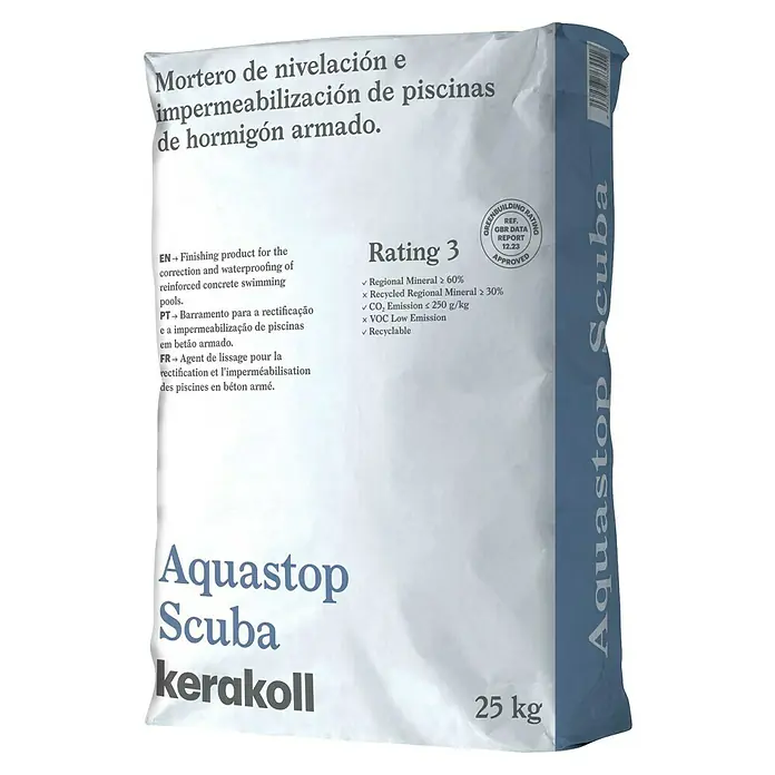 Kerakoll Mortero de impermeabilización Scuba - 25 kg - Imagen de un saco de Aquastop Scuba Kerakoll, un mortero de nivelación e impermeabilización para piscinas de hormigón armado, con ecoetiquetas.