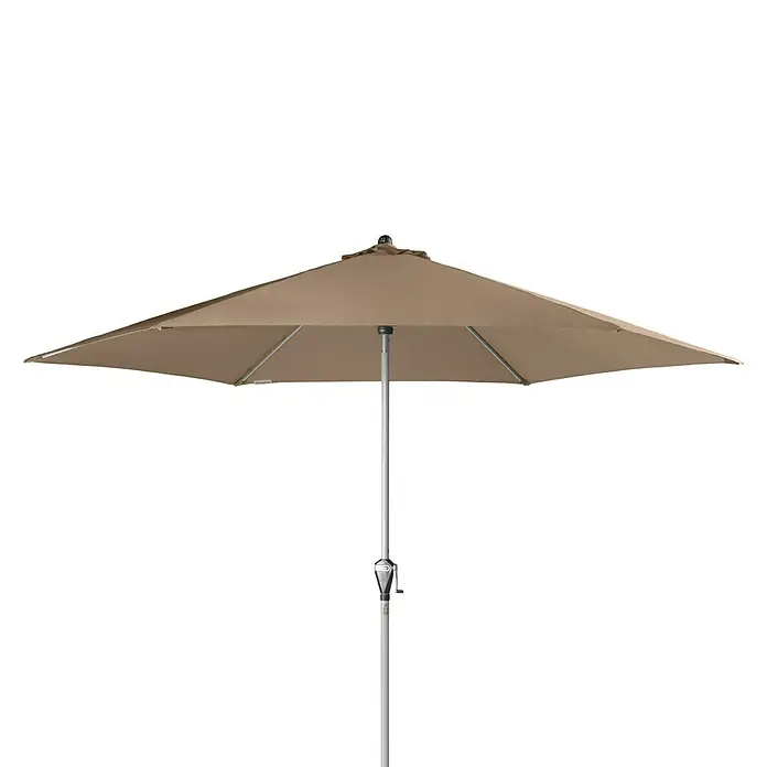 Doppler Active Marktschirm rund Auto Tilt - Greige, Durchmesser Bespannung: 320 cm - Beiger quadratischer Sonnenschirm mit silbernem Mast und Kurbel.