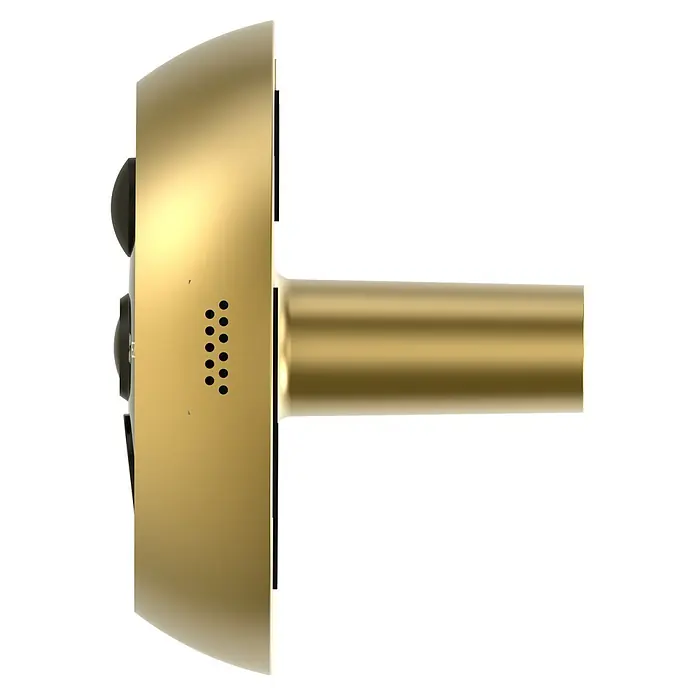 EZVIZ Mirilla digital DP2C - Oro - Primer plano de una cerradura de puerta inteligente dorada con altavoces y un mecanismo de bloqueo.