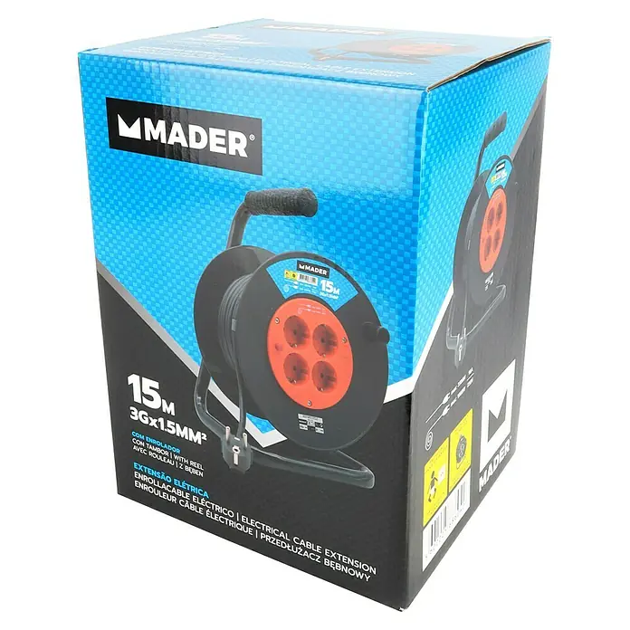 Enrollacables Mader - Plástico, 15 m, IP20 - Se presenta un carrete de cable de extensión Mader con una longitud de cable de 15 metros y una sección transversal de 3Gx1.5MM² en su embalaje.