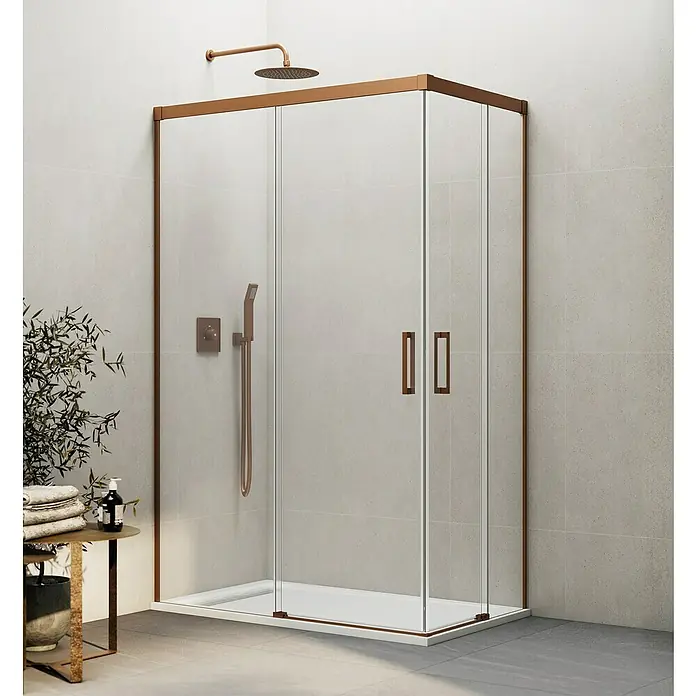 GME Mampara de ducha esquinera Basic Angular - L x An x Al: 90 x 120 x 196 cm, Vidrio transparente, Cobre - Imagen de una cabina de ducha con marcos y accesorios de cobre sobre un fondo de azulejos.