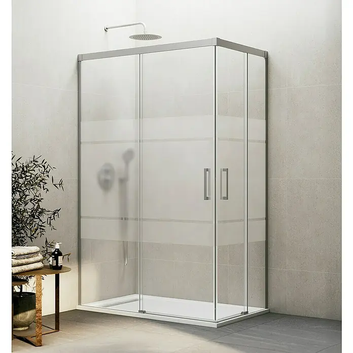GME Mampara de ducha esquinera Basic Angular - L x An x Al: 70 x 135 x 196 cm, Vidrio serigrafiado, Nickel - Cabina de ducha con puertas correderas y franjas mate, ideal para baños modernos. El diseño claro asegura un ambiente luminoso.