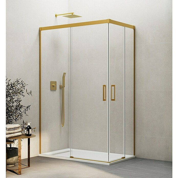 GME Mampara de ducha esquinera Basic Angular (L x An x Al: 90 x 85 x 196 cm, Vidrio transparente, Espesor: 6 mm, Oro) | BAUHAUS
