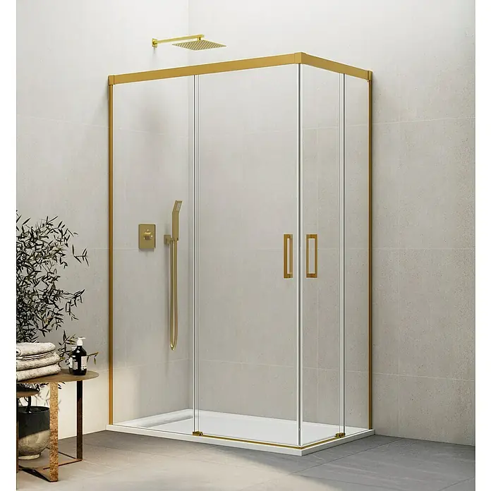 GME Mampara de ducha esquinera Basic Angular - L x An x Al: 75 x 120 x 196 cm, Vidrio transparente, Oro - Elegante cabina de ducha con marcos y manijas doradas. Perfecto para un diseño de baño moderno y detalles elegantes.