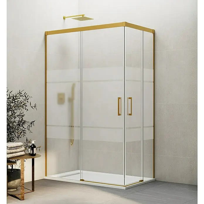 GME Mampara de ducha esquinera Basic Angular - L x An x Al: 90 x 135 x 196 cm, Vidrio serigrafiado, Oro - Imagen de una cabina de ducha moderna con marco dorado y vidrio parcialmente esmerilado en un baño elegante.