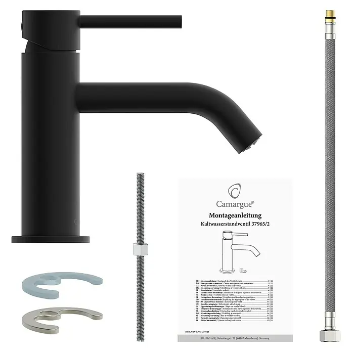 Camargue Grifo monomando de agua fría Padua - Negro, Mate - La imagen muestra un grifo de lavabo negro con accesorios y una guía de instalación.