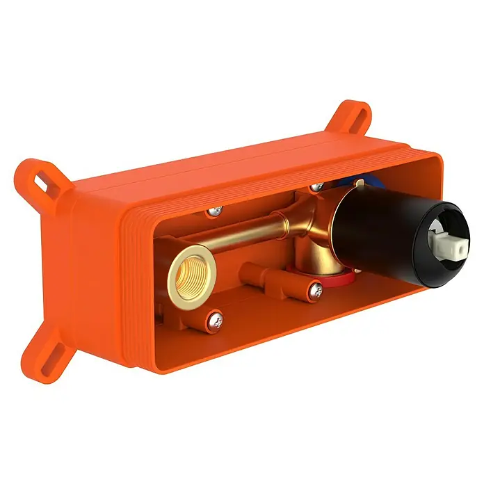 Camargue Wand-Waschtischarmatur Mallorca - Schwarz - Aufputz-Thermostatbatterie in einem orangefarbenen Gehäuse, ein Sanitärprodukt zur Temperaturregelung beim Duschen.