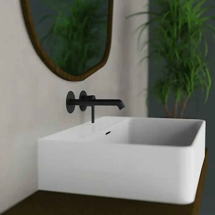 Camargue Wand-Waschtischarmatur Mallorca - Schwarz - Elegantes Badezimmerwaschbecken mit einem modernen, schwarzen Wasserhahn und stilvollem Spiegel. Die perfekte Kombination für ein modernes Bad.