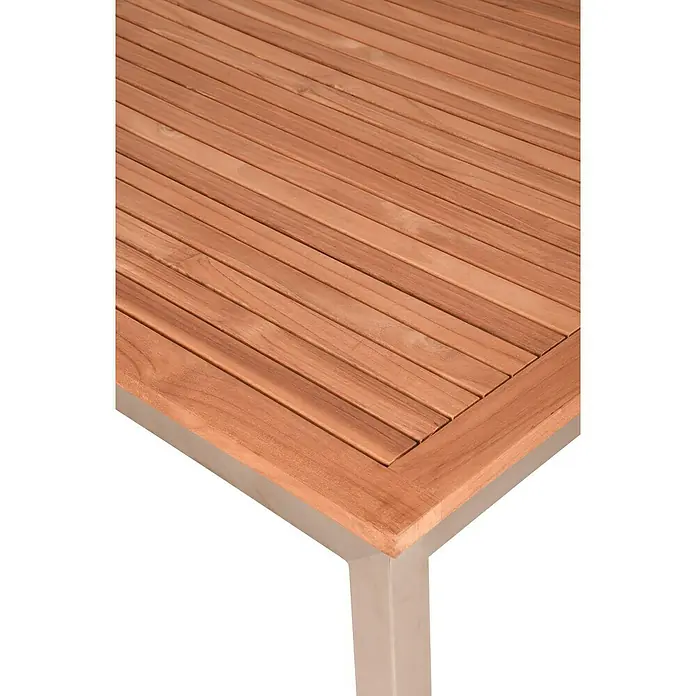 Garden Pleasure Gartentisch Denver - L x B x H: 180 x 90 x 75 cm, Teak, Natur/Silber - Nahaufnahme eines Gartentisches mit Holzplatte und einem stabilen Metallgestell. Ideal für den Außenbereich.